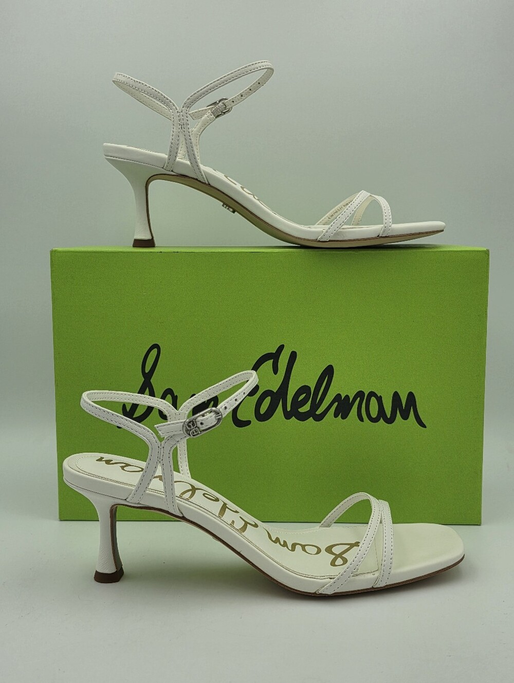 NIB Sam Edelman Presley Strappy Kitten Heel Sandals, White Leather, Women's 6.5M